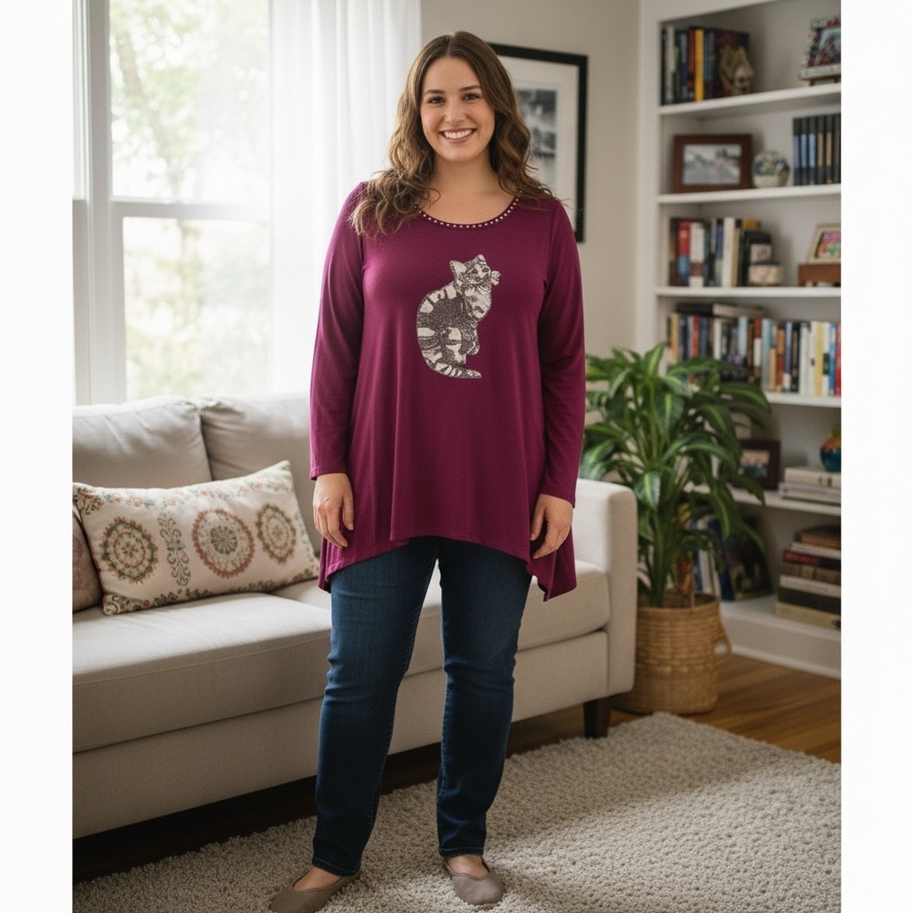NWT Karen Brooks Rhinestone Neck Line Sequin Cat Berry Long Sleeve Top Size 3X
